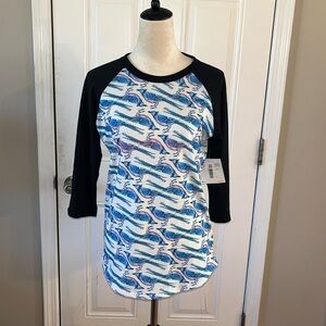 LulaRoe women’s Randy white and blue 3/4 sleeve Tshirt size small